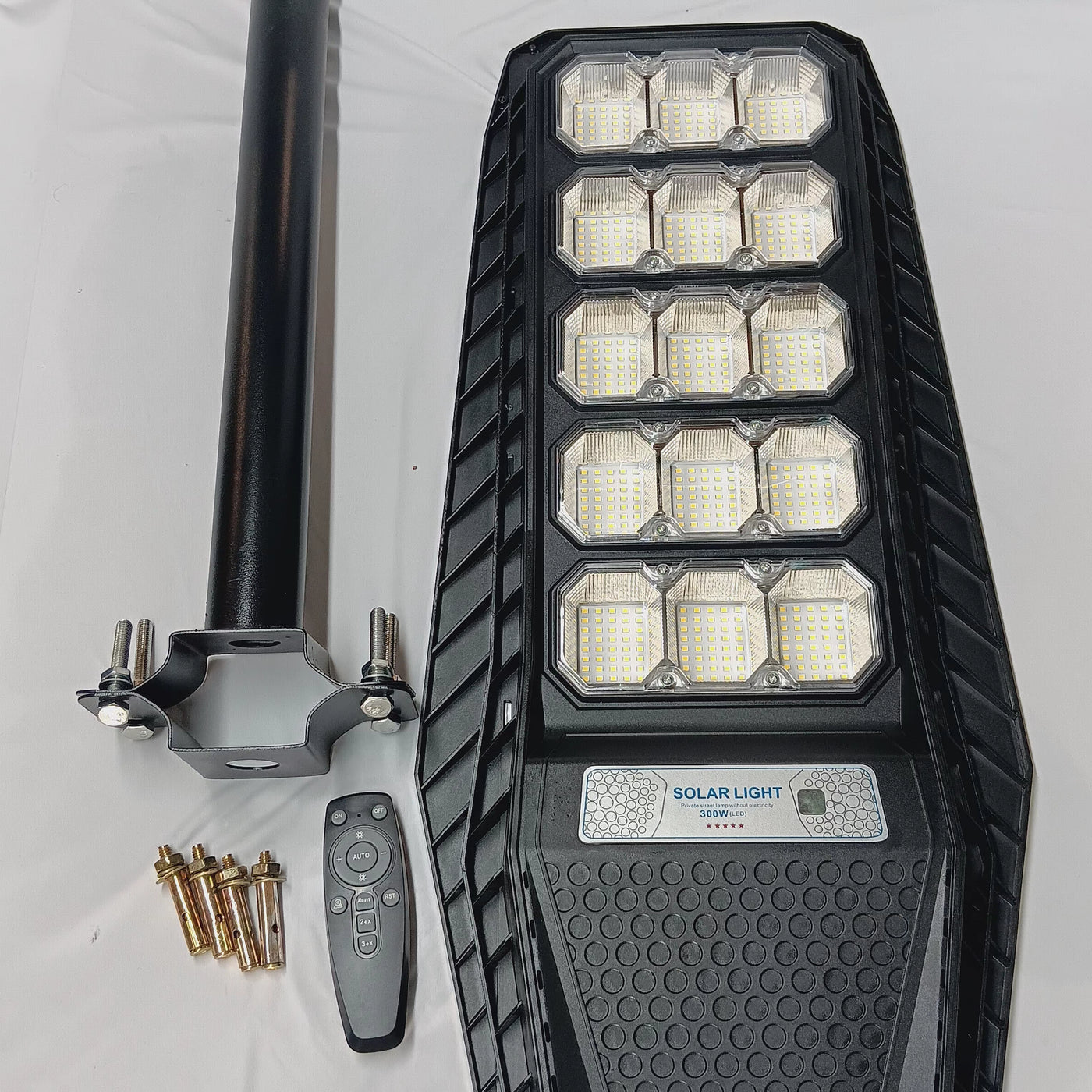 300 Watt Solar Street Light with remote control, lag bolts and mounting pole